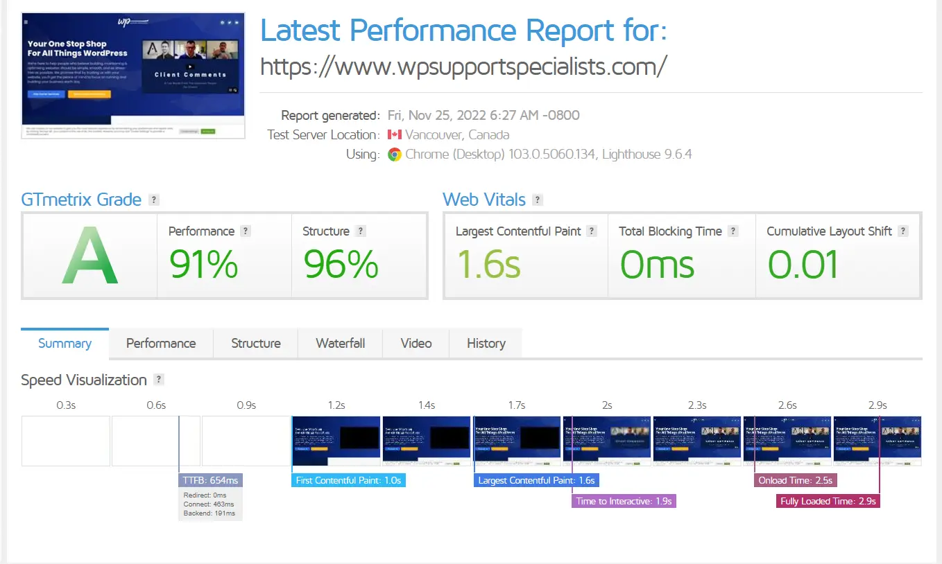 WPSS page speed report
