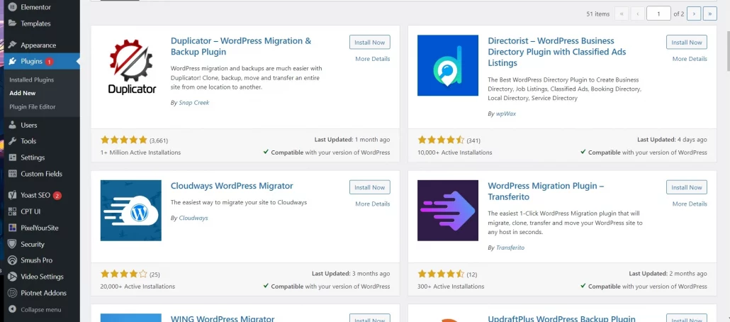 a sceeenshot showing wordpress plugins for migration